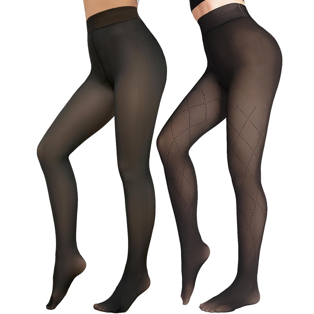 Sheer Patterned Black Tights Duo - Diamond Detail